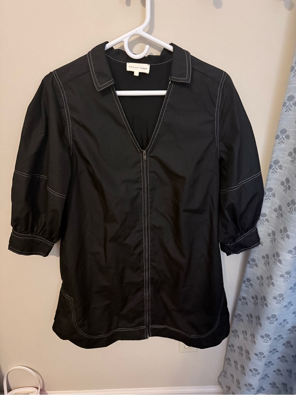 entro Black Zip-Front Tunic with Contrast Stitching